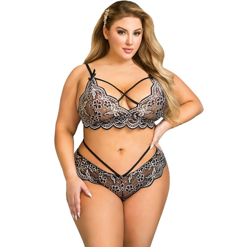 BRUMA SECRET - PAULA SET BRAGA Y SUJETADOR DE ENCAJE GRIS & NEGRO XL/XXL
