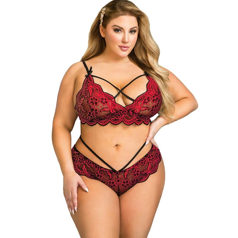 BRUMA SECRET - PAULA SET BRAGA Y SUJETADOR DE ENCAJE ROJO & NEGRO XL/XXL