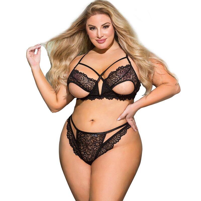 BRUMA SECRET - RAQUEL SET TANGA ALTO Y SUJETADOR CON APERTURA DE ENCAJE NEGRO XL/XXL