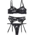 BRUMA SECRET - ELISABETH SET TRES PIEZAS DE ENCAJE ESTAMPADO FLORAL NEGRO XL/XXL
