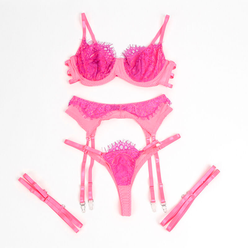 SUBBLIME - 955359 SET SUJETADOR CON ENCAJE Y LIGUEROS ROSA Y MORADO S/M
