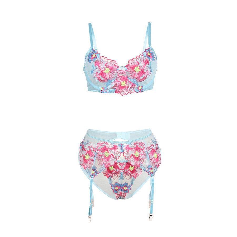 SUBBLIME - 957650 CONJUNTO SUJETADOR Y LIGUERO CON BORDADOS DE FLORES ROSAS L/XL