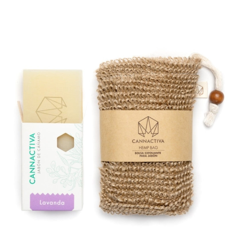 Jabón de cáñamo y lavanda 100Gr. con bolsa exfoliante